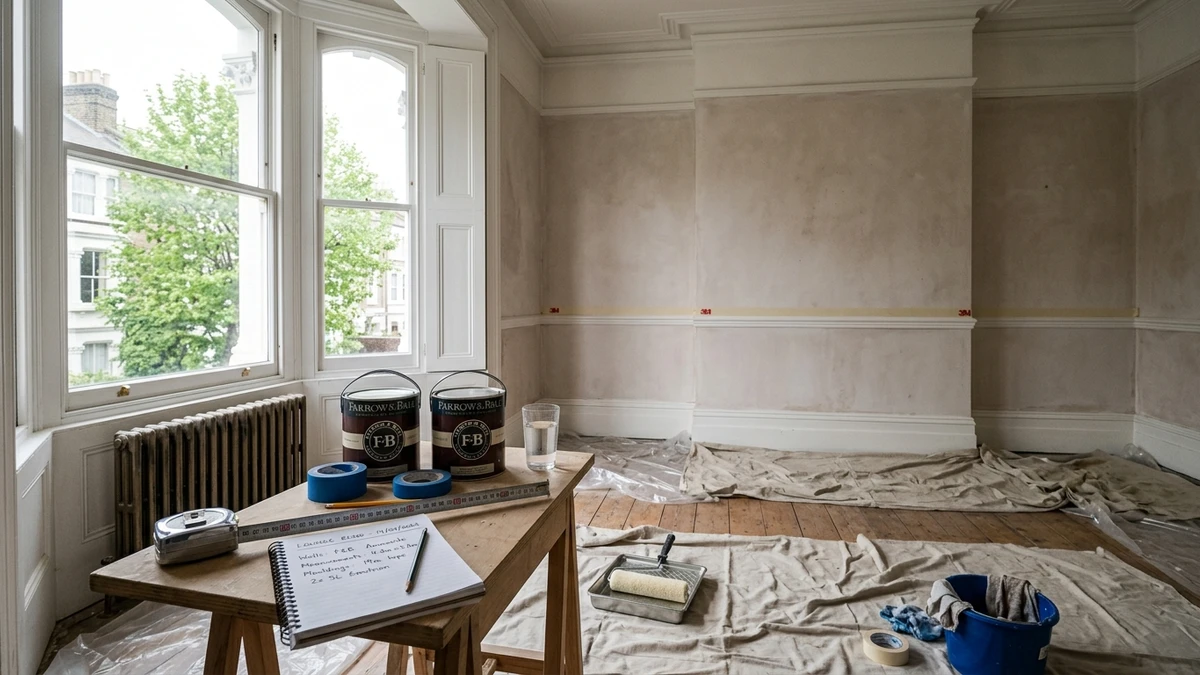 Préparation soignée d'un chantier de peinture avec mètre ruban, carnet de cotes et pots de peinture