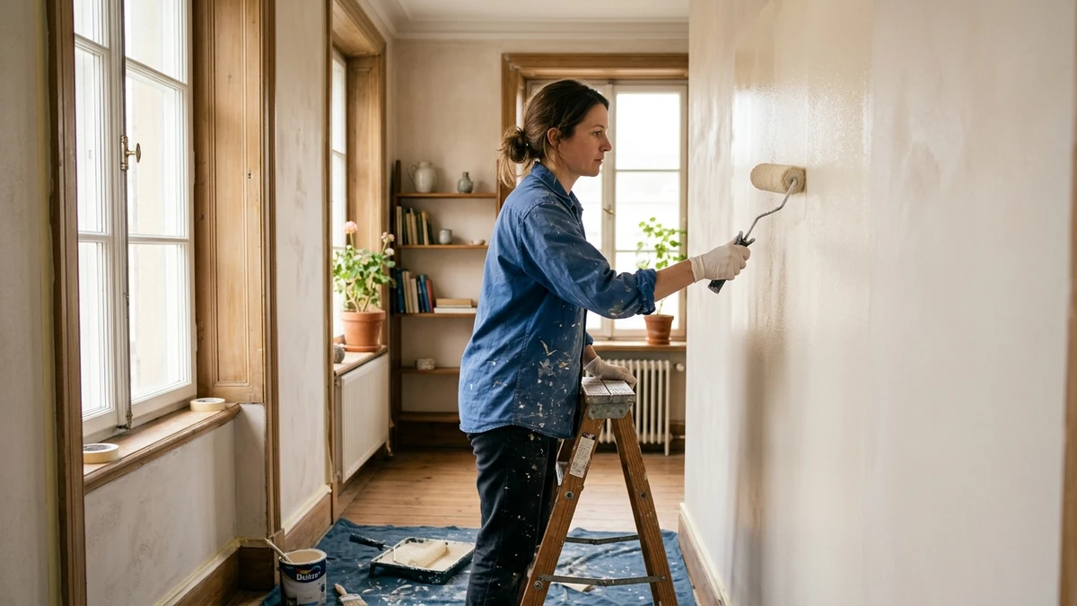 Application soignée d'une couche de peinture murale au rouleau le long d'un mur intérieur