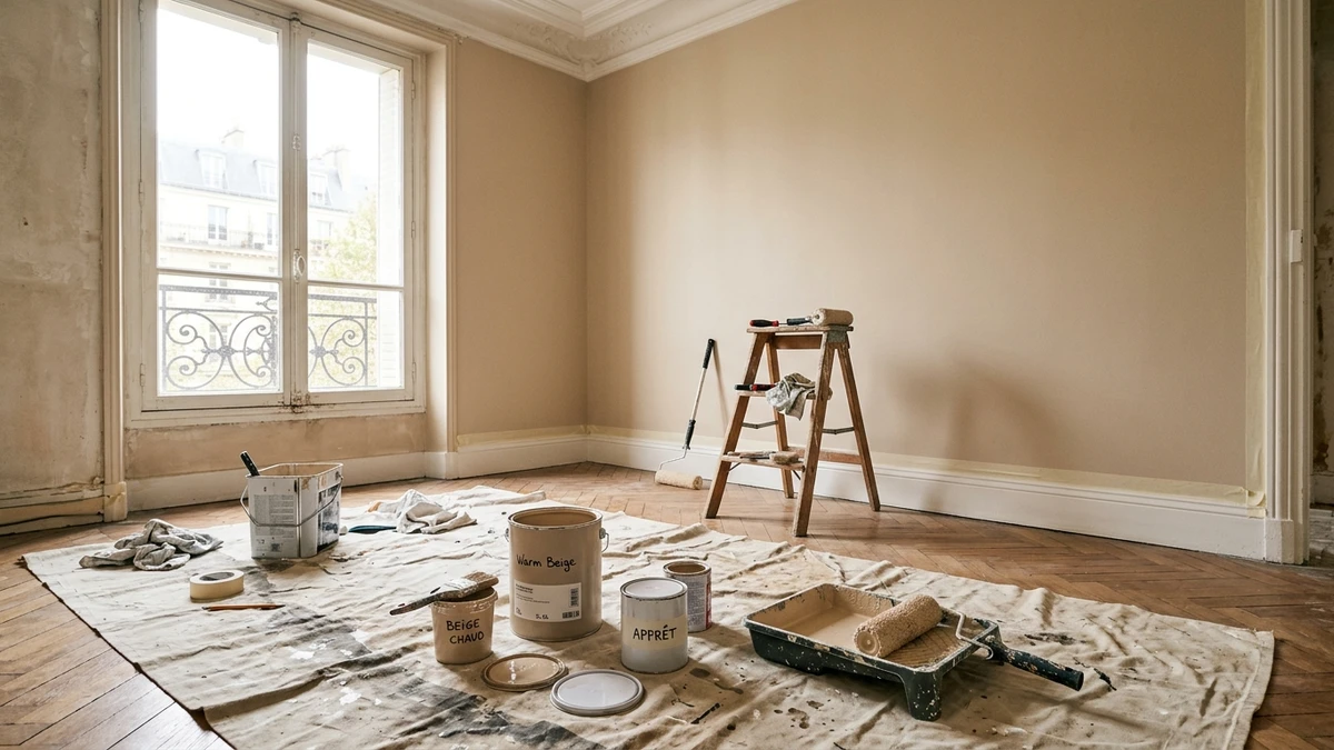 Pièce en cours de rénovation avec plusieurs pots de peinture préparés sur une bâche de protection