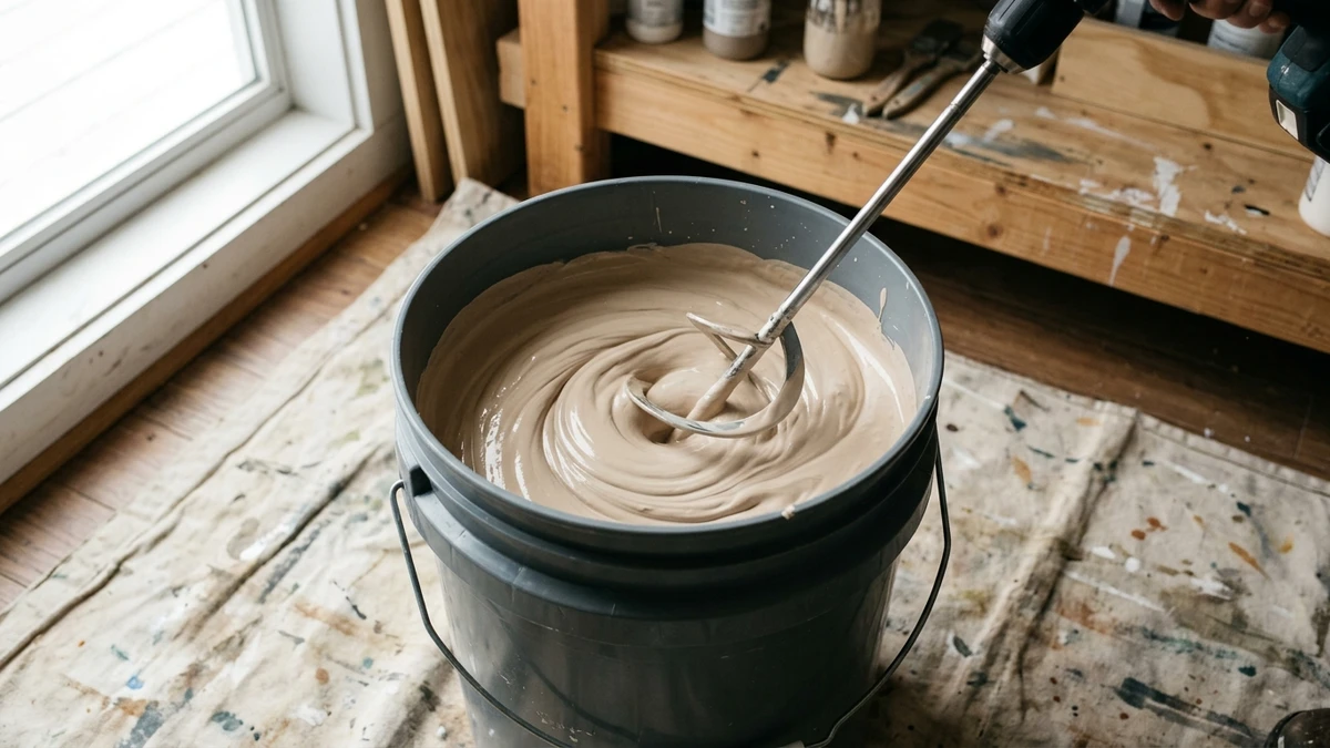 Mélange et homogénéisation de la peinture dans un grand seau adapté avant application au rouleau