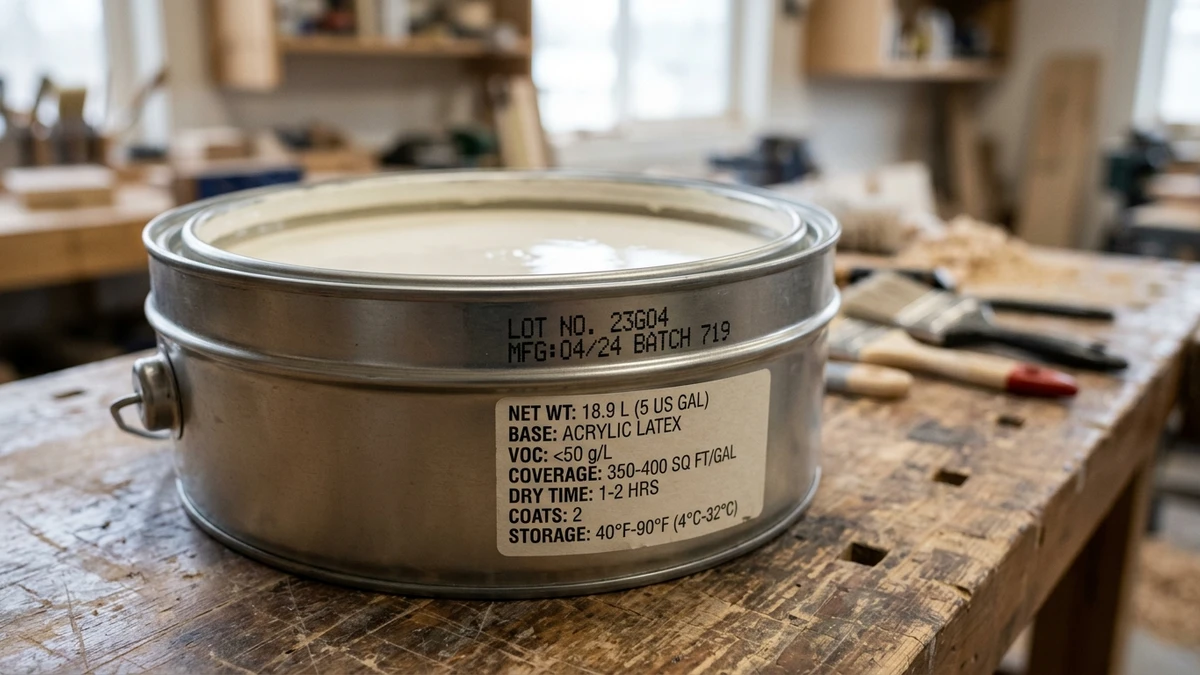 Gros plan sur un pot de peinture montrant le tampon du numéro de lot de fabrication et les caractéristiques techniques