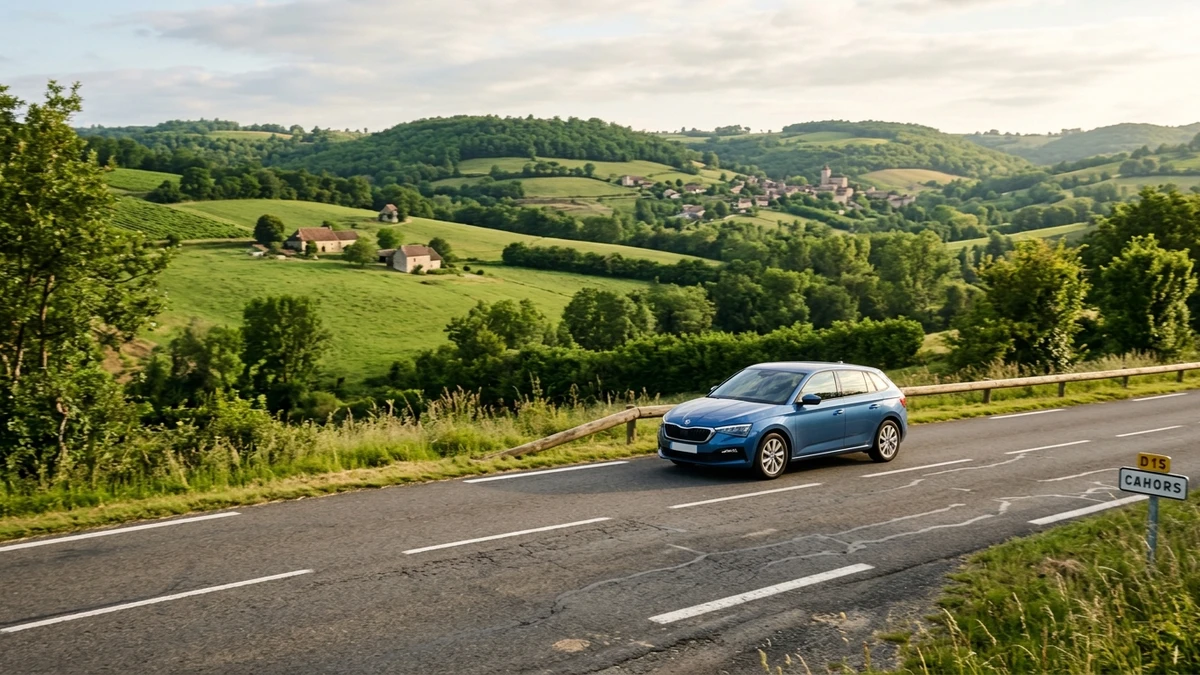 Voiture moderne circulant sur une route départementale française lors d'un déplacement du quotidien