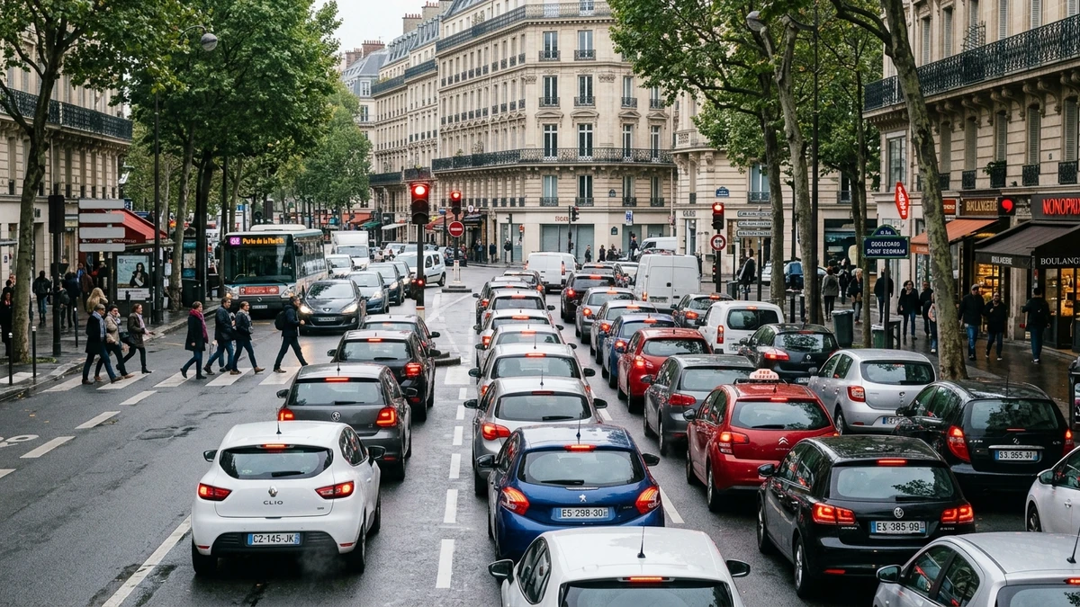 Embouteillage et trafic urbain dense avec arrêts fréquents sur un boulevard européen