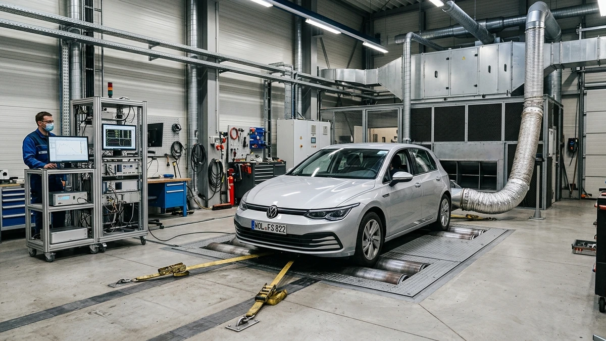 Véhicule installé sur un banc d'essai à rouleaux dans un laboratoire d'homologation automobile WLTP
