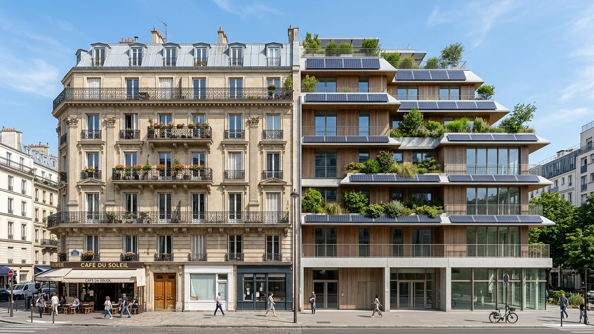 Immeuble haussmannien en pierre de taille à gauche comparé à une résidence résidentielle neuve contemporaine à droite