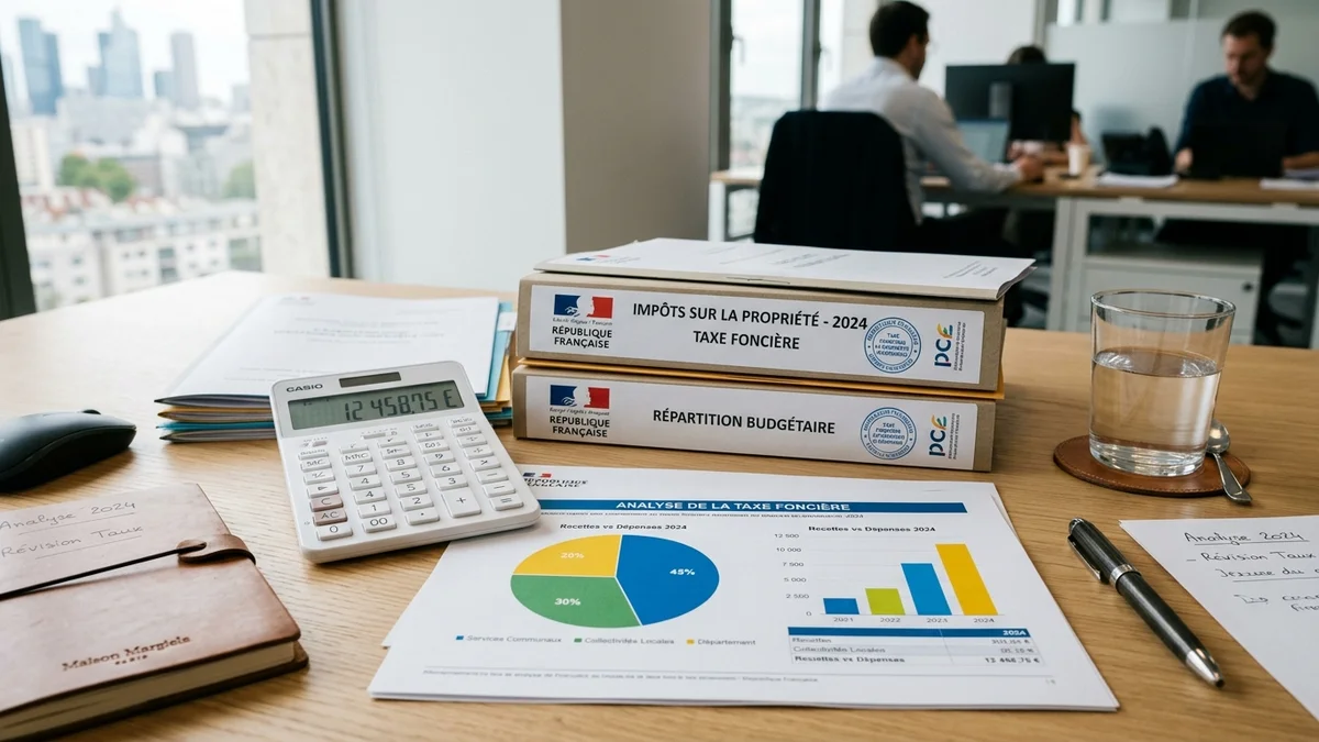 Dossiers administratifs fiscaux, calculatrice et graphiques de répartition budgétaire sur un bureau professionnel