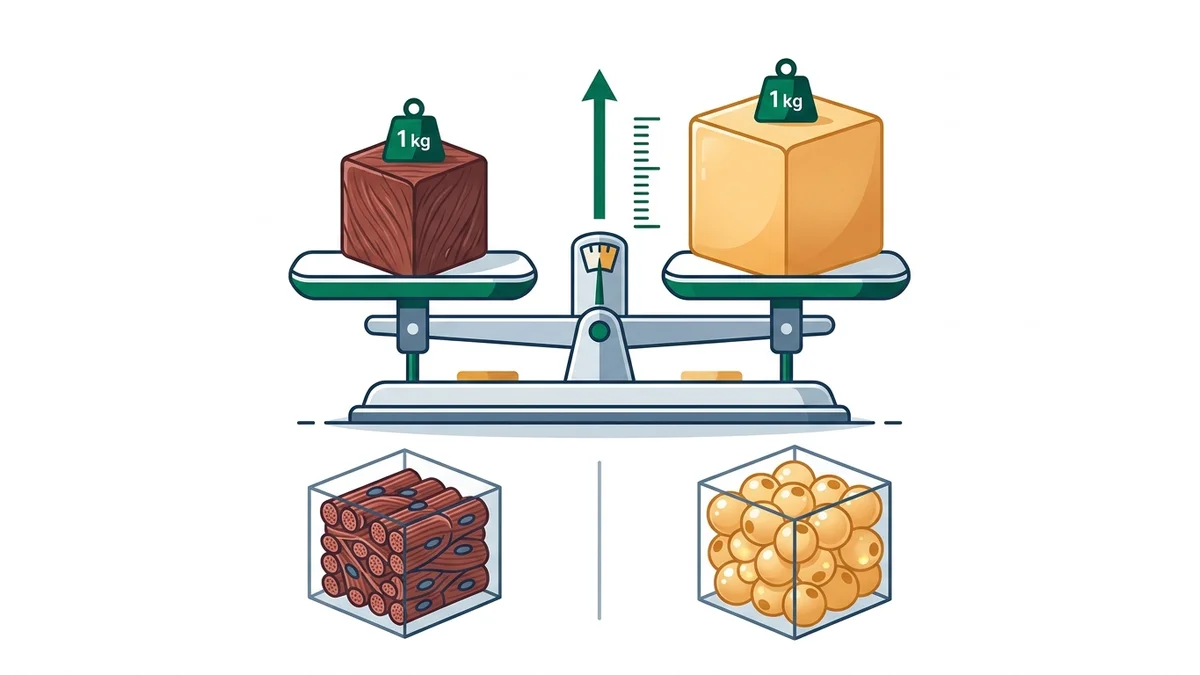 Comparaison scientifique de la densité du tissu musculaire (1,06 g/cm³) et du tissu adipeux (0,92 g/cm³), montrant la différence de volume à poids égal