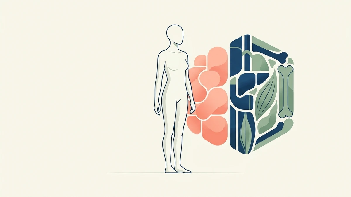 Illustration pédagogique minimaliste montrant une silhouette humaine et la décomposition conceptuelle entre tissu adipeux et masse non grasse