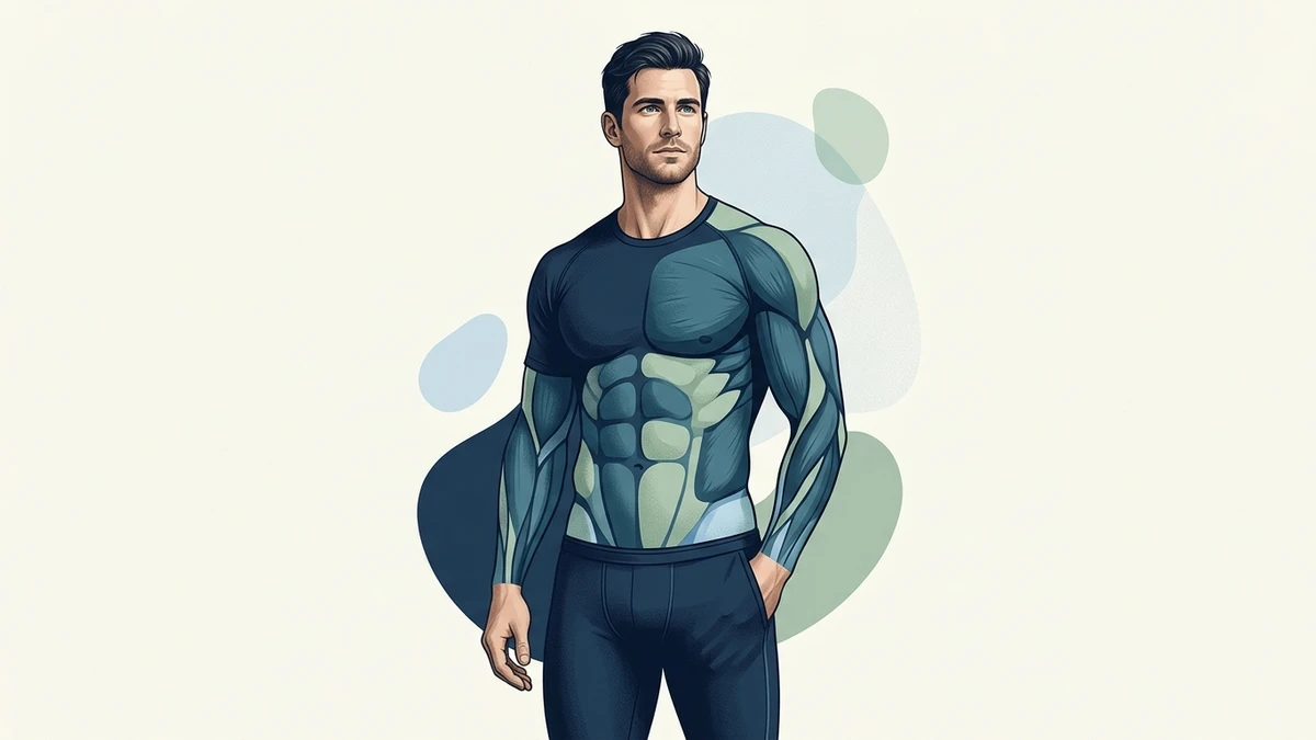 Illustration éditoriale scientifique montrant la silhouette d'un sportif et la distinction stylisée entre masse musculaire et tissu adipeux