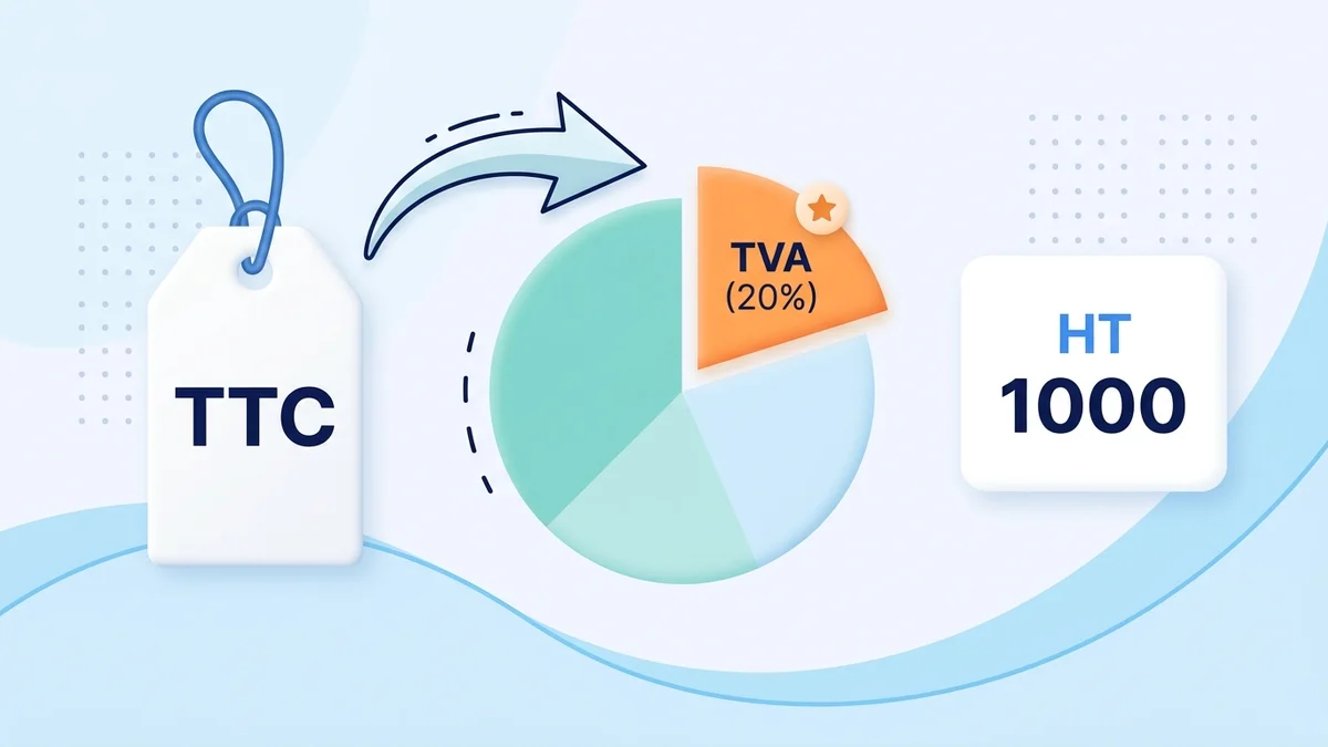 Illustration montrant le passage d’un prix TTC au prix HT et la part de TVA de 20 %