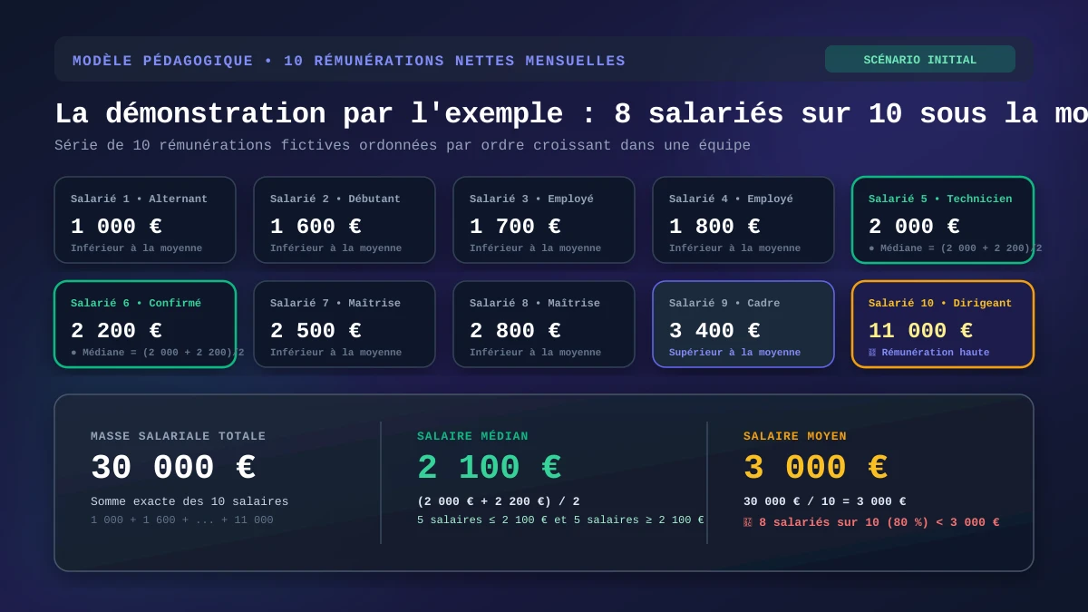 Illustration d'une équipe de 10 salariés montrant que 8 personnes sur 10 gagnent moins que la moyenne de 3 000 €
