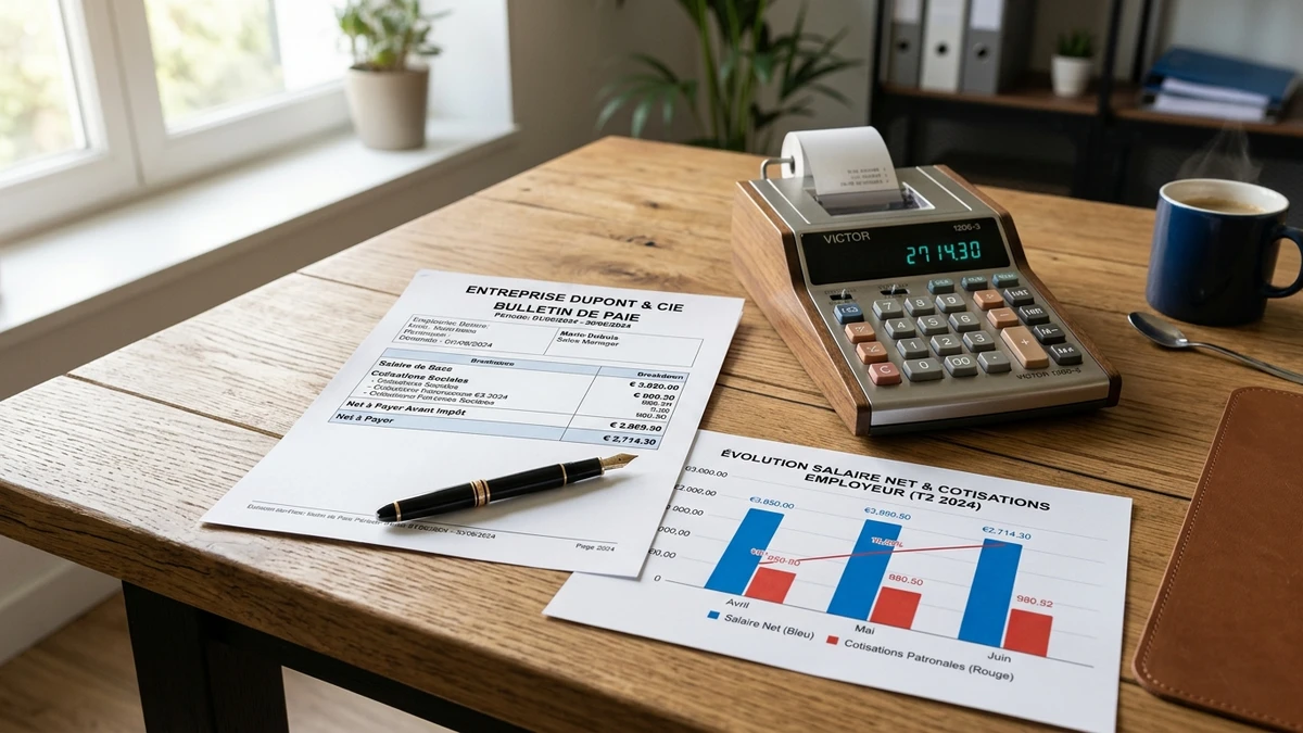 Bulletin de paie français, calculatrice de bureau et graphiques décomposant les paliers de salaire brut, net et cotisations