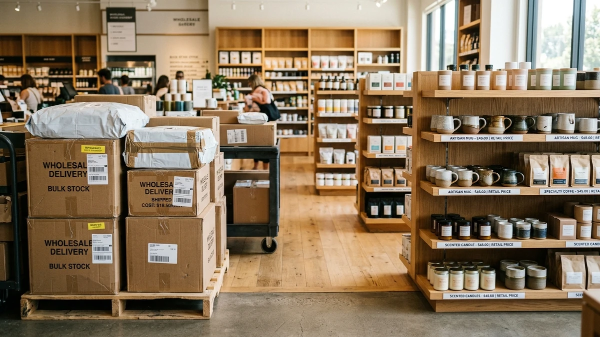 Illustration des deux bases de calcul : stocks de marchandises au coût d'achat et étagères de vente au prix public