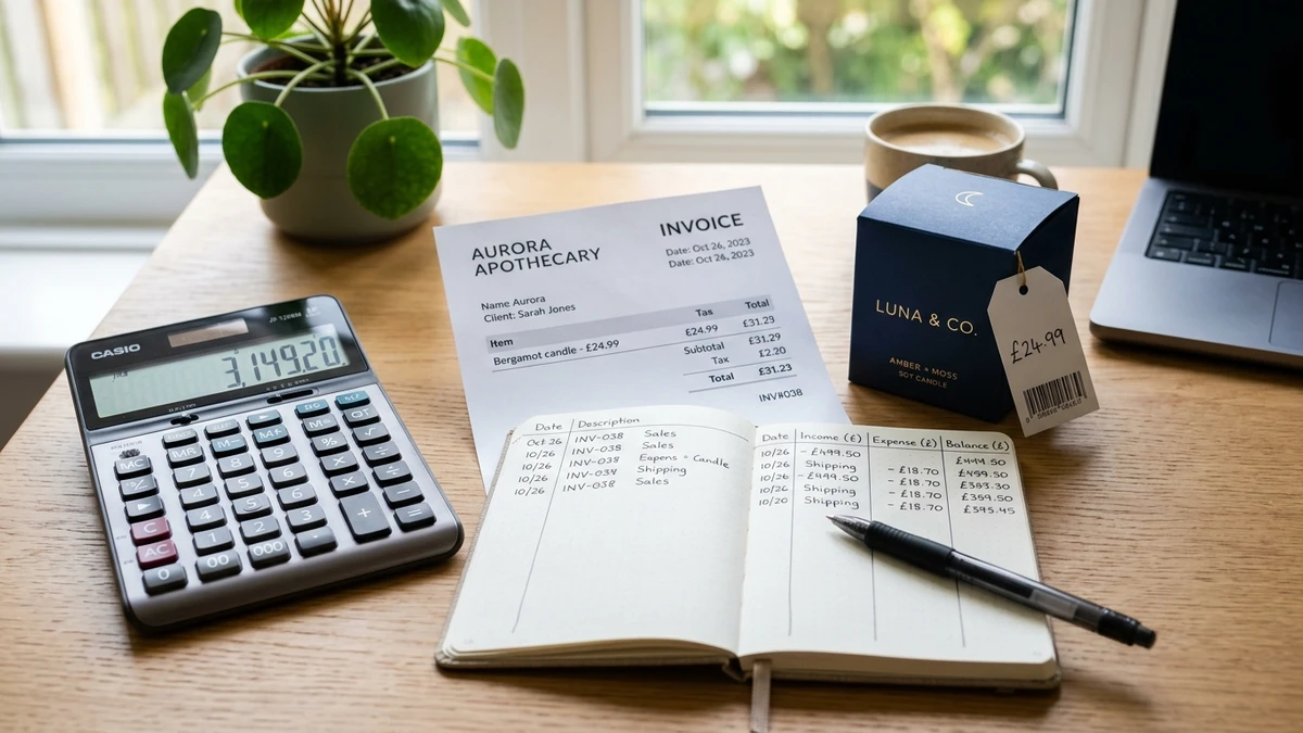 Bureau de gestionnaire avec calculatrice, carnet de comptes et boîte de produit étiquetée