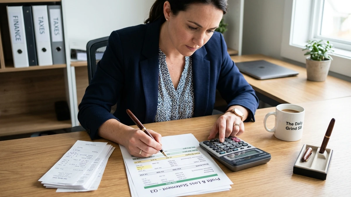 Responsable financière vérifiant ses calculs de marges et ses pièces comptables à l'aide d'une calculatrice