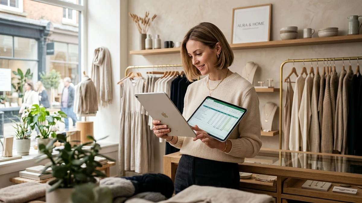 Commerçante indépendante analysant les marges commerciales et les prix de vente sur tablette