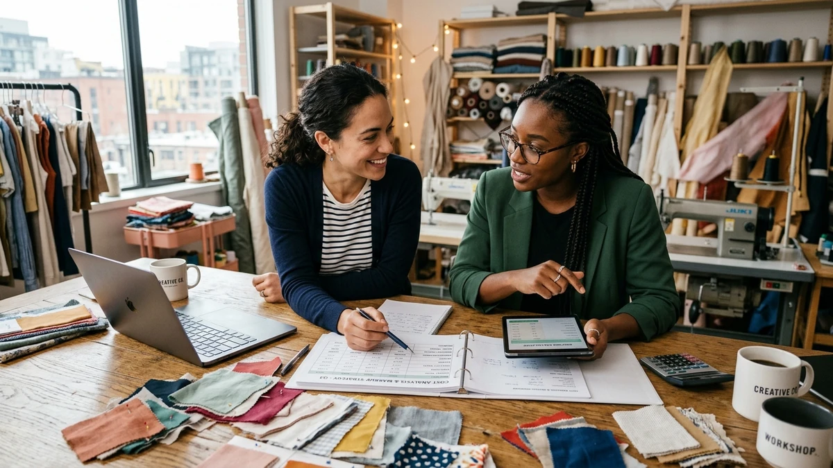 Équipe entrepreneuriale en atelier élaborant une stratégie de fixation de prix et d'analyse des marges